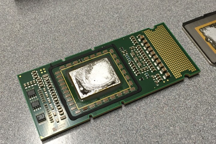 An Intel Itanium processor with the cap removed.