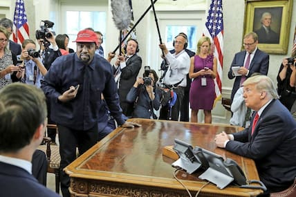 „I love this guy“: Bei seinem Besuch im Oval Office 2019 schwang der Rapper Kanye West große Worte.