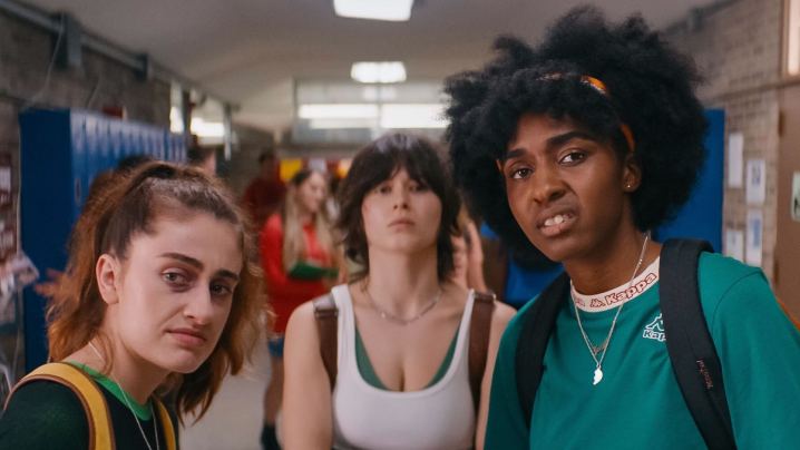 PJ, Josie, and another girl looking directly at the camera with confused expressions in Bottoms.