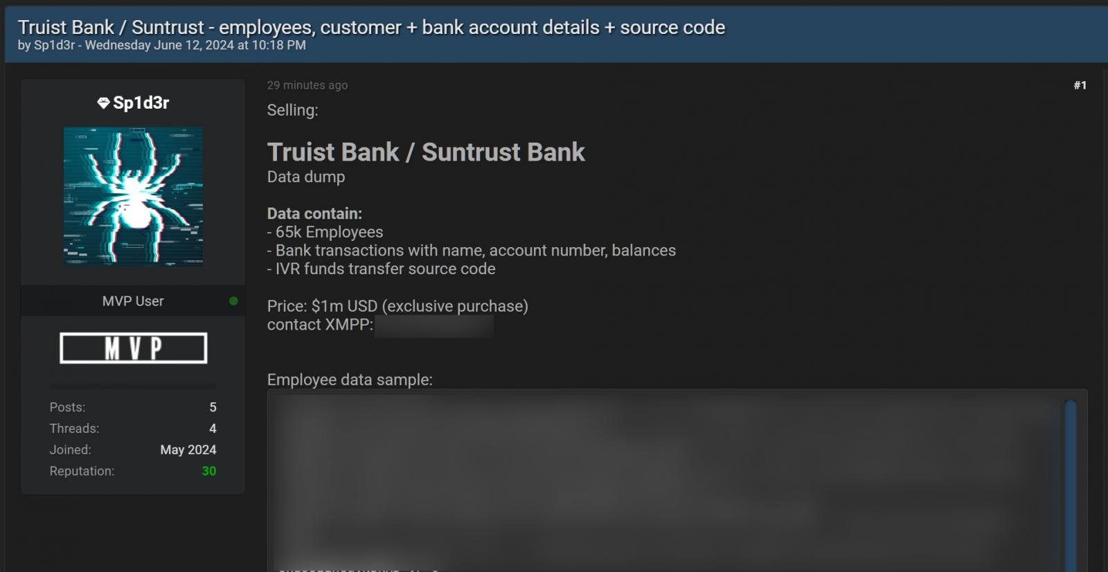 Truist Bank stolen data up for sale