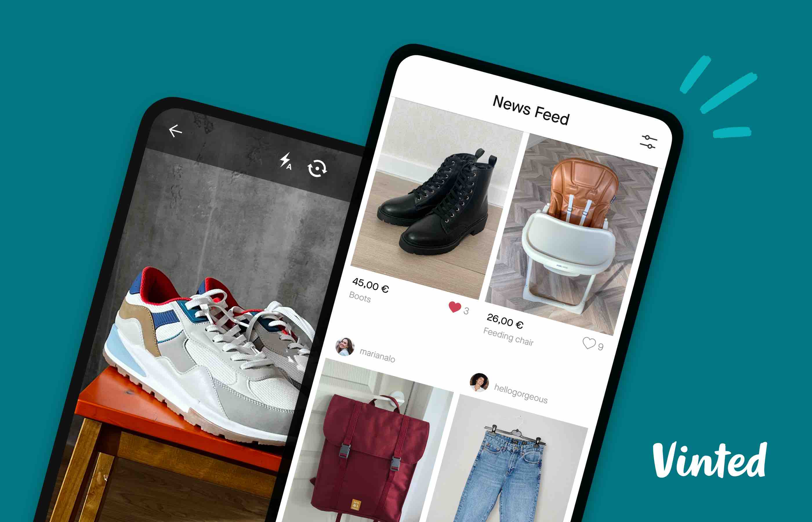 Two phones displaying items on the Vinted app
