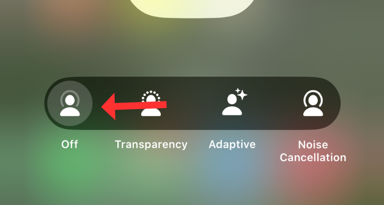 Screenshot of the noise cancelation modes in Control Center.