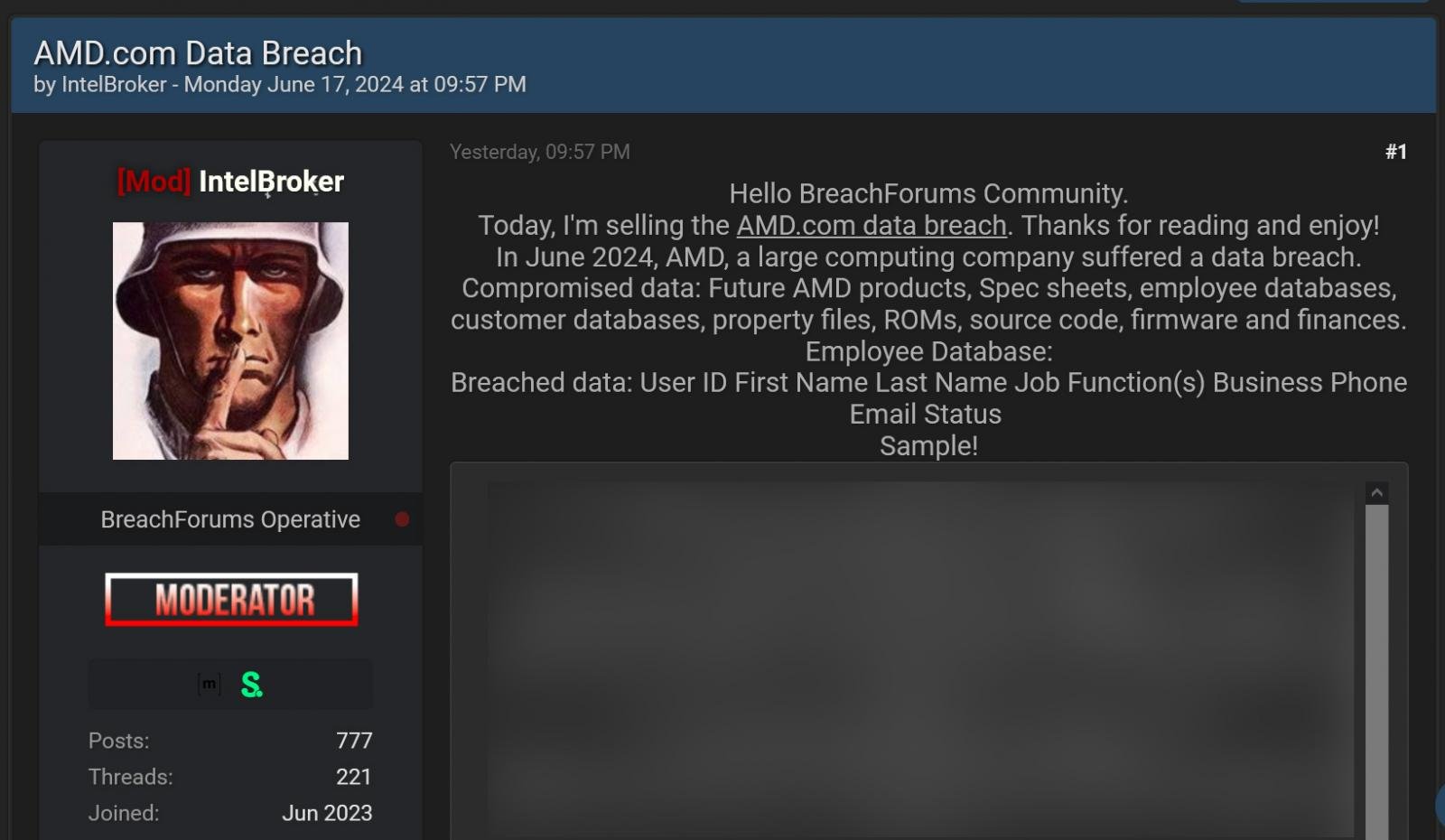 Hacking forum post selling alleged AMD data