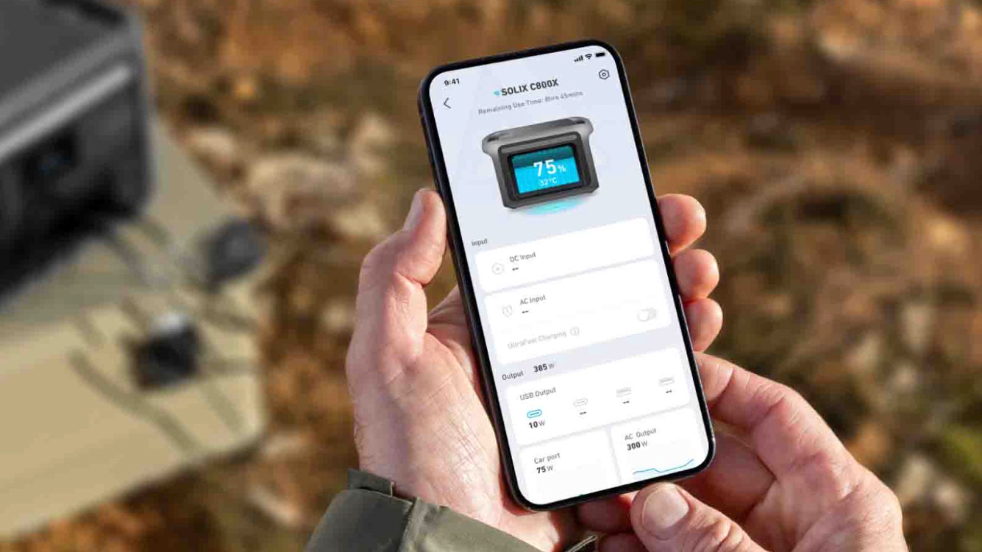 Anker Solix app shown on a phone outdoors. 