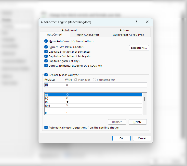 Microsoft Word's AutoCorrect window.