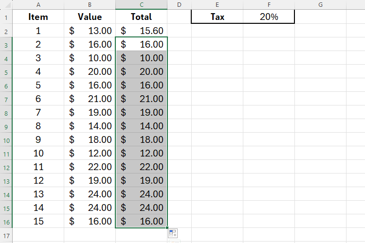 An Excel sheet showing calculations that have not worked.