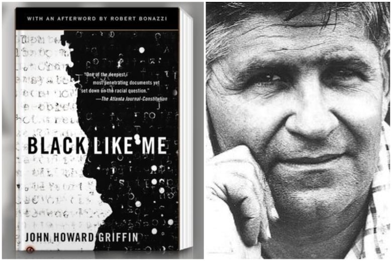 A composite image shows the cover of the book Black Like Me and a black and white portrait of the author, John Howard Griffin. 