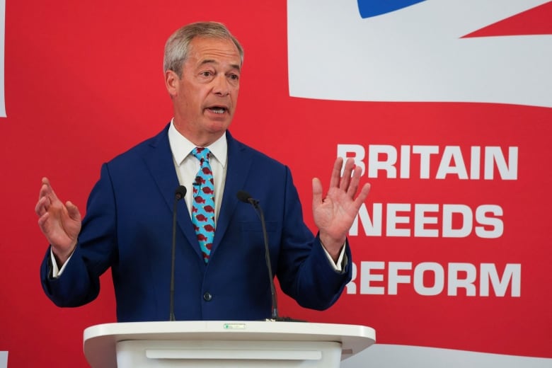 Britain's Reform UK Party Leader Nigel Farage speaks during a Reform UK general election campaign event, in London, Britain, June 10, 2024. 