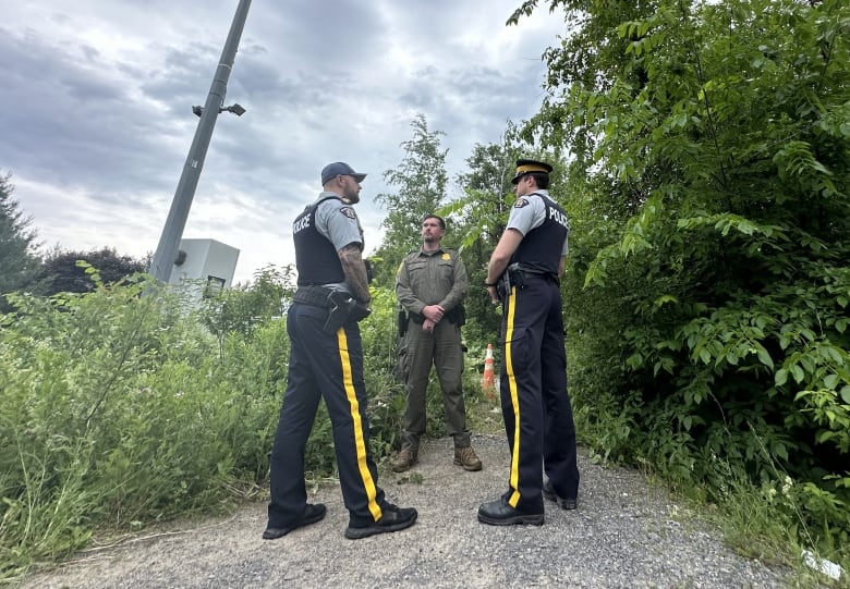 Three border patrol agents — two from Canada and one from the U.S. — speak to each other at the border between the two countries.