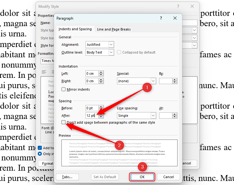 The Paragraph style dialog box with the Spacing After changed to 12 pt, the checkbox unchecked, and the OK button highlighted.