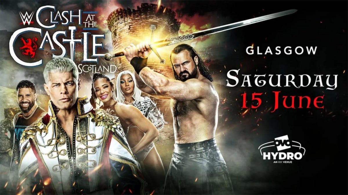 A promotional composite image for the WWE event Clash at the Castle 2024.