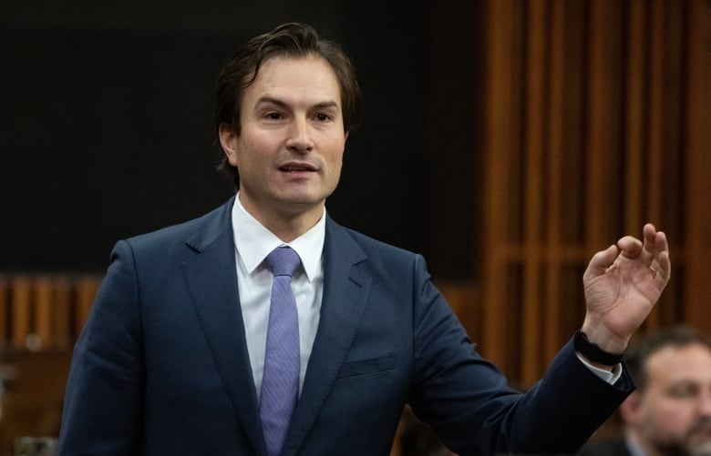 A man in a blue suit gestures with his hand as he speaks in the House of Commons.