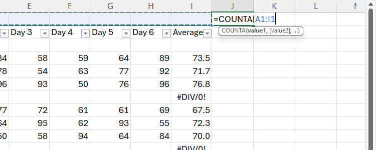 An Excel sheet with the COUNTA formula typed into the highest cell to the right of the data.