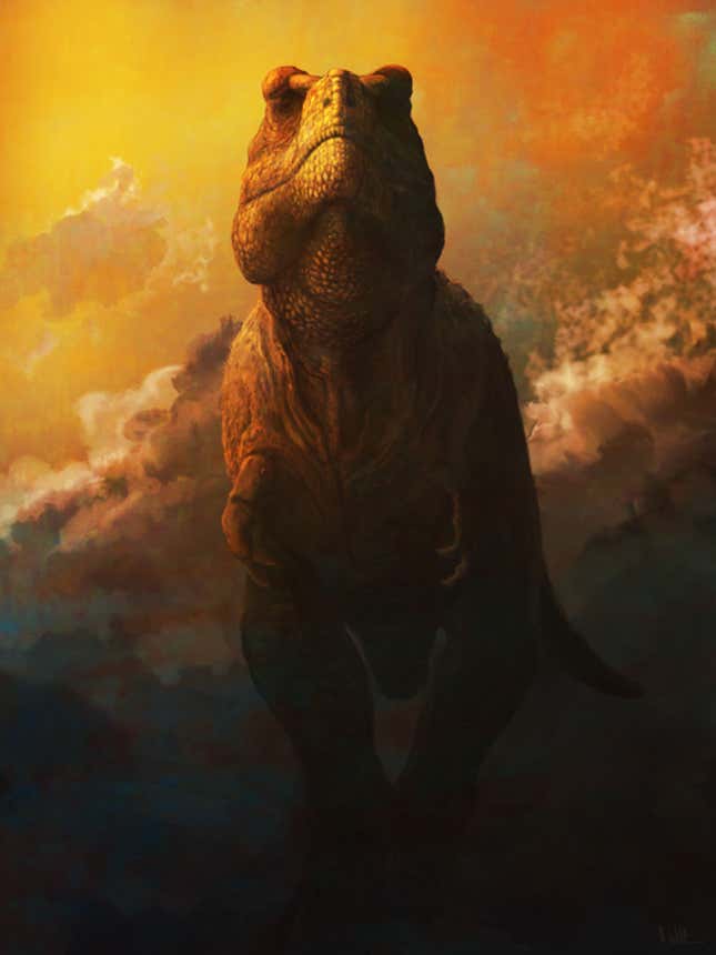 A paleoart illustration of a bellowing T. rex—note the closed mouth, similar to how alligators bellow.