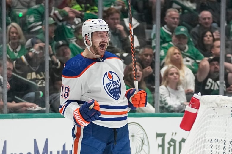 Edmonton Oilers winger Zach Hyman celebrates scoring a goal during an NHL playoff game against the Dallas Stars.