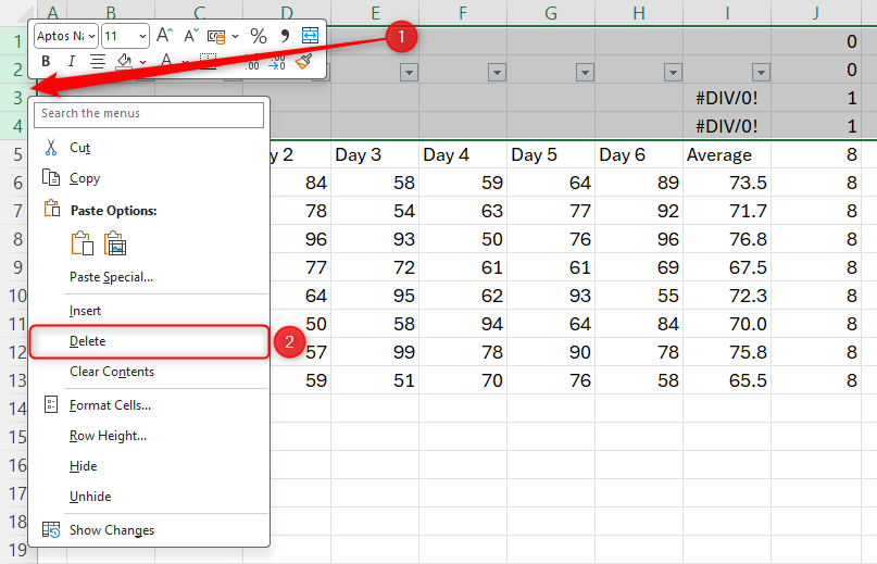 An Excel sheet with the top four rows selected for deletion.