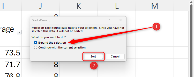 An Excel sheet showing the Sort Warning dialog box, and the 'Expand The Selection' radio box is checked.