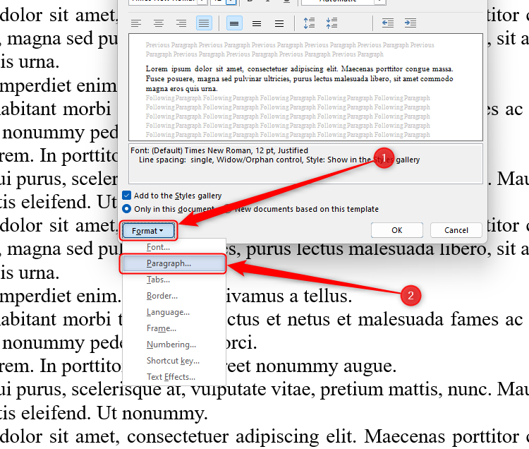 Word's Modify Style dialog box, with the Format drop-down option opened and the Paragraph option selected.