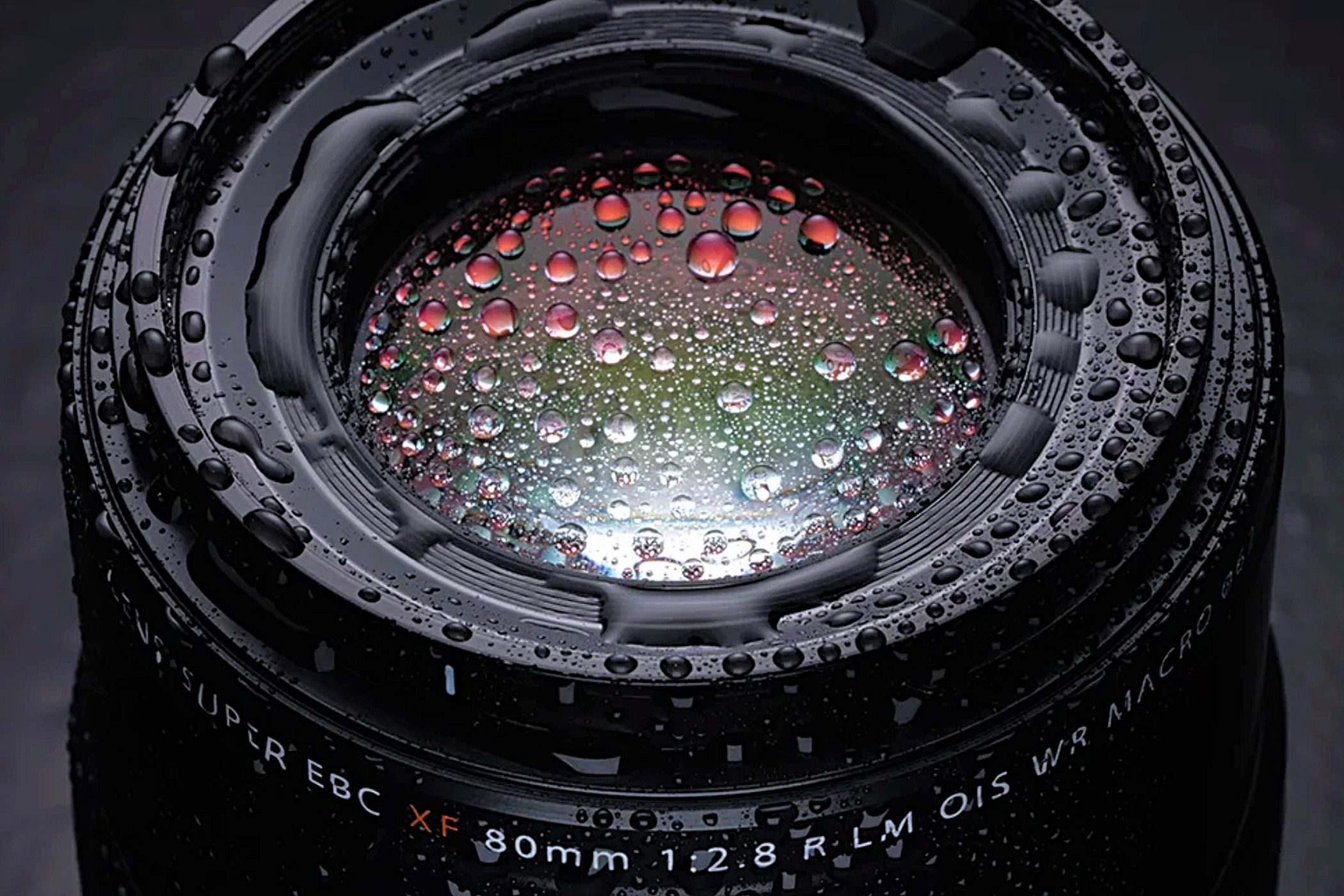 A CLOSE UP OF WATER DROPLETS ON THE Fujinon XF 80mm f2.8 R LM OIS WR Macro lens