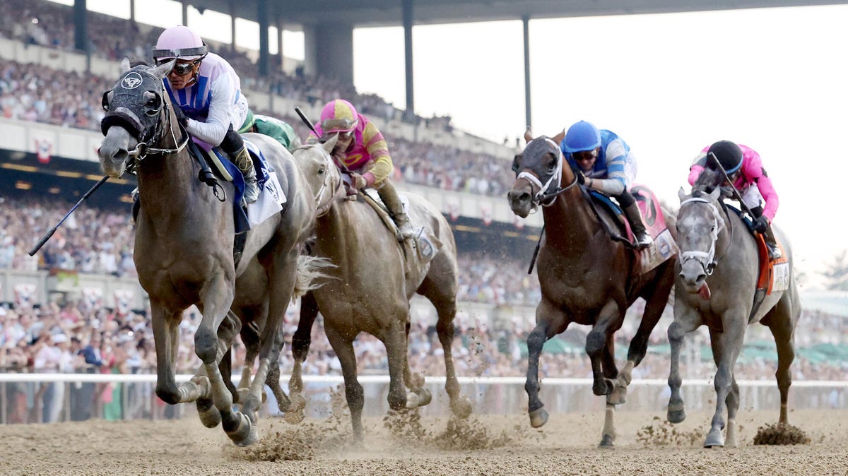 Four horses running  during the 2024 Belmont Stakes race. Grandstand in the foreground.