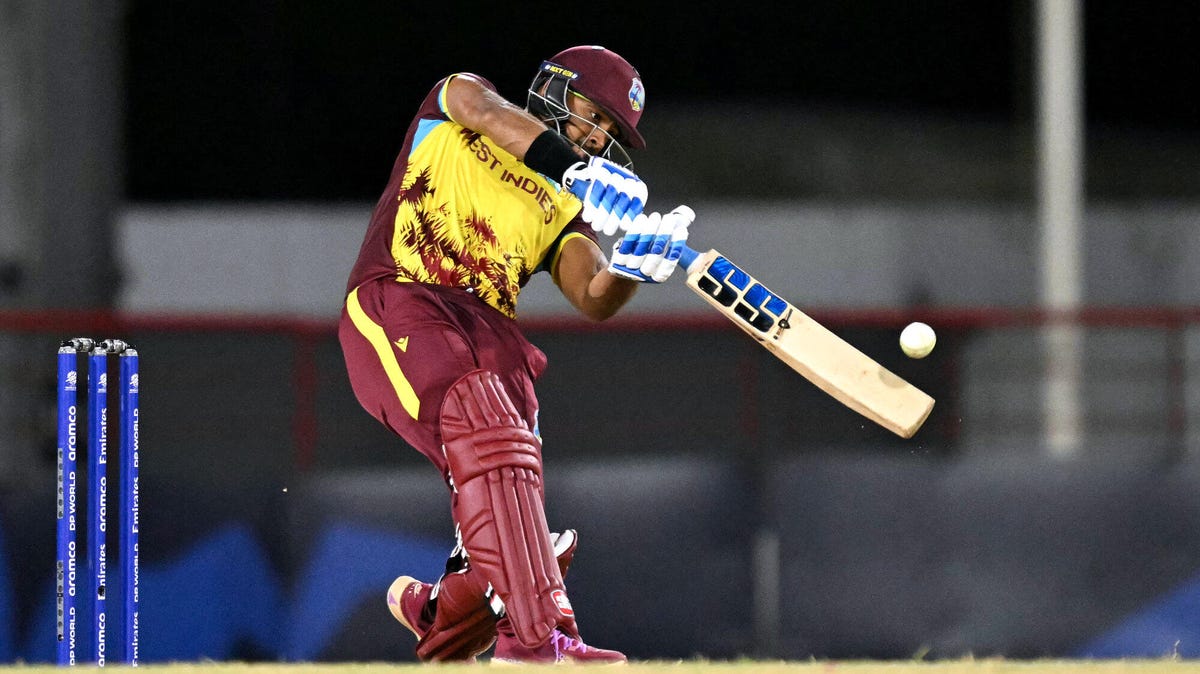 West Indies' batsman Nicholas Pooran hitting a shot.