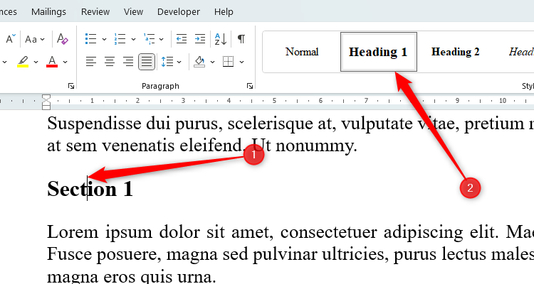 A Word document with the cursor placed inside a heading and the Heading 1 style selected.