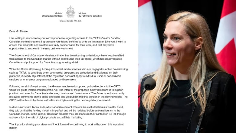 On the left is an email from Heritage Minister Pascale St-Onge. On the right is a photo of the minister. 