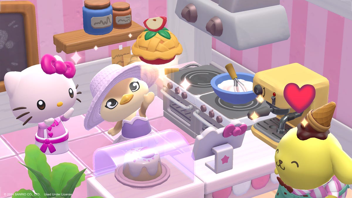 Hello Kitty and other characters bake pies and other goods in a pink kitchen.