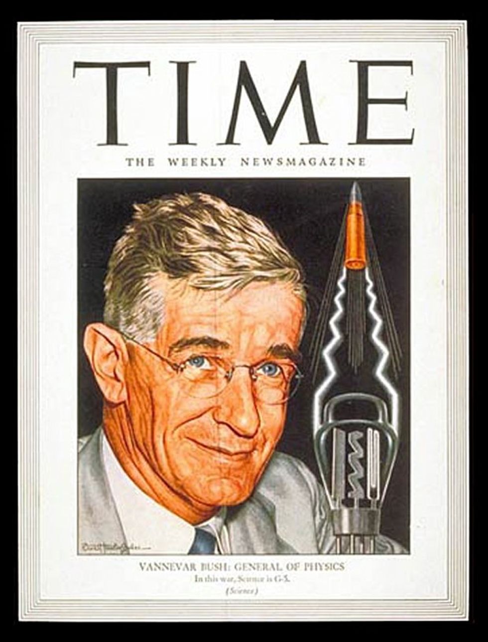 Illustrated portrait of a man with gray hair and eyeglasses next to a contraption that looks like a vacuum tube projecting a bullet.