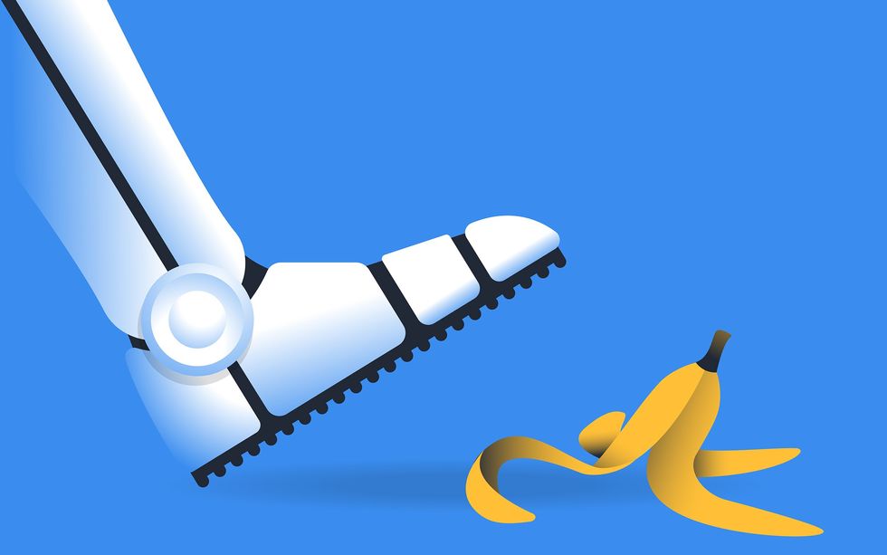 Illustration of a robot photo stepping down towards a banana peel.