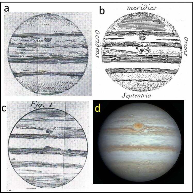 The images a, b, and c show the "Permanent Spot" drawn by Italian astronomer Giovanni Domenico Cassini respectively in 1677, 1690, and 1691. The image d shows a view of the Great Red Spot in 2023.