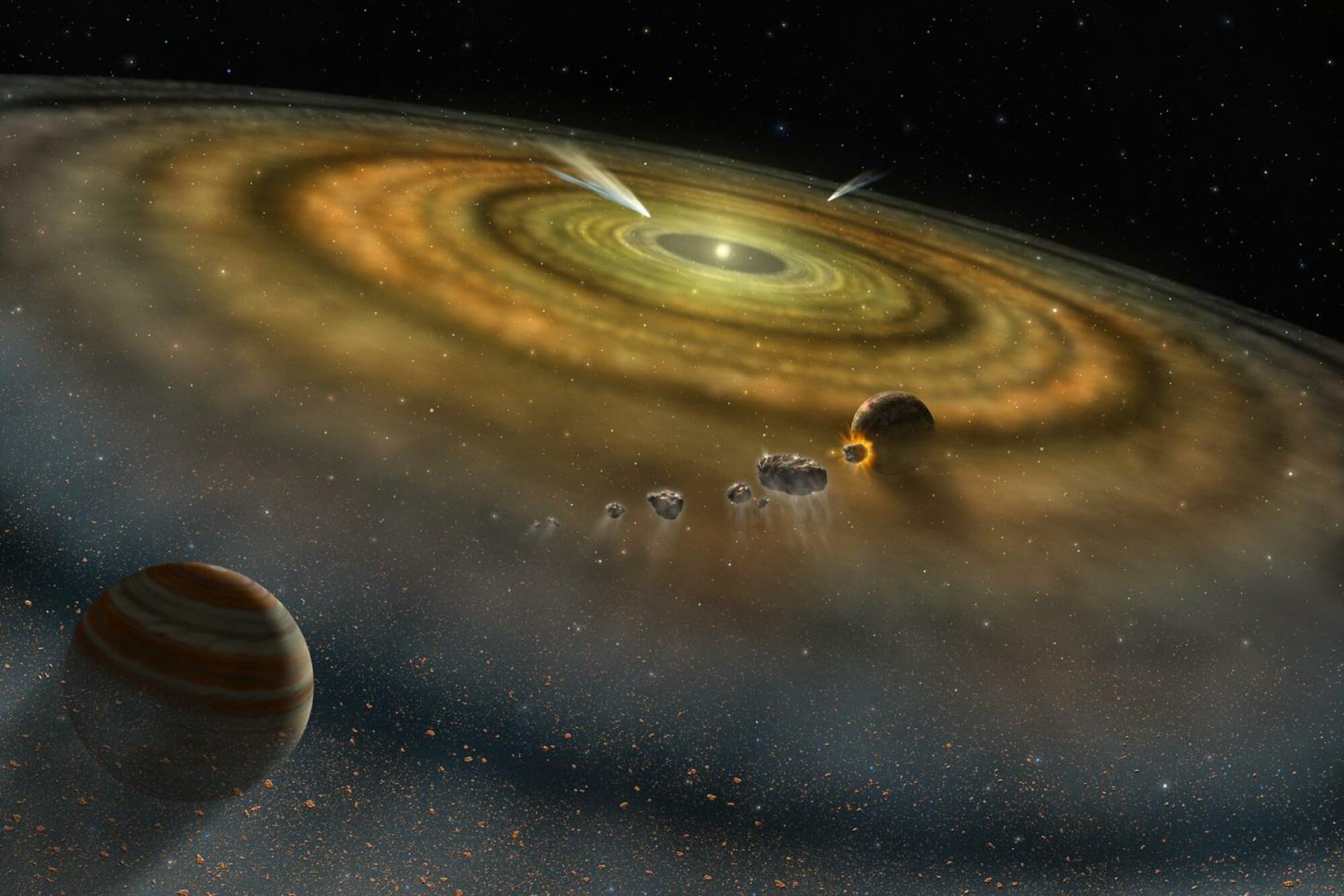 An artist's depiction of objects colliding in the distant solar system Beta Pictoris.