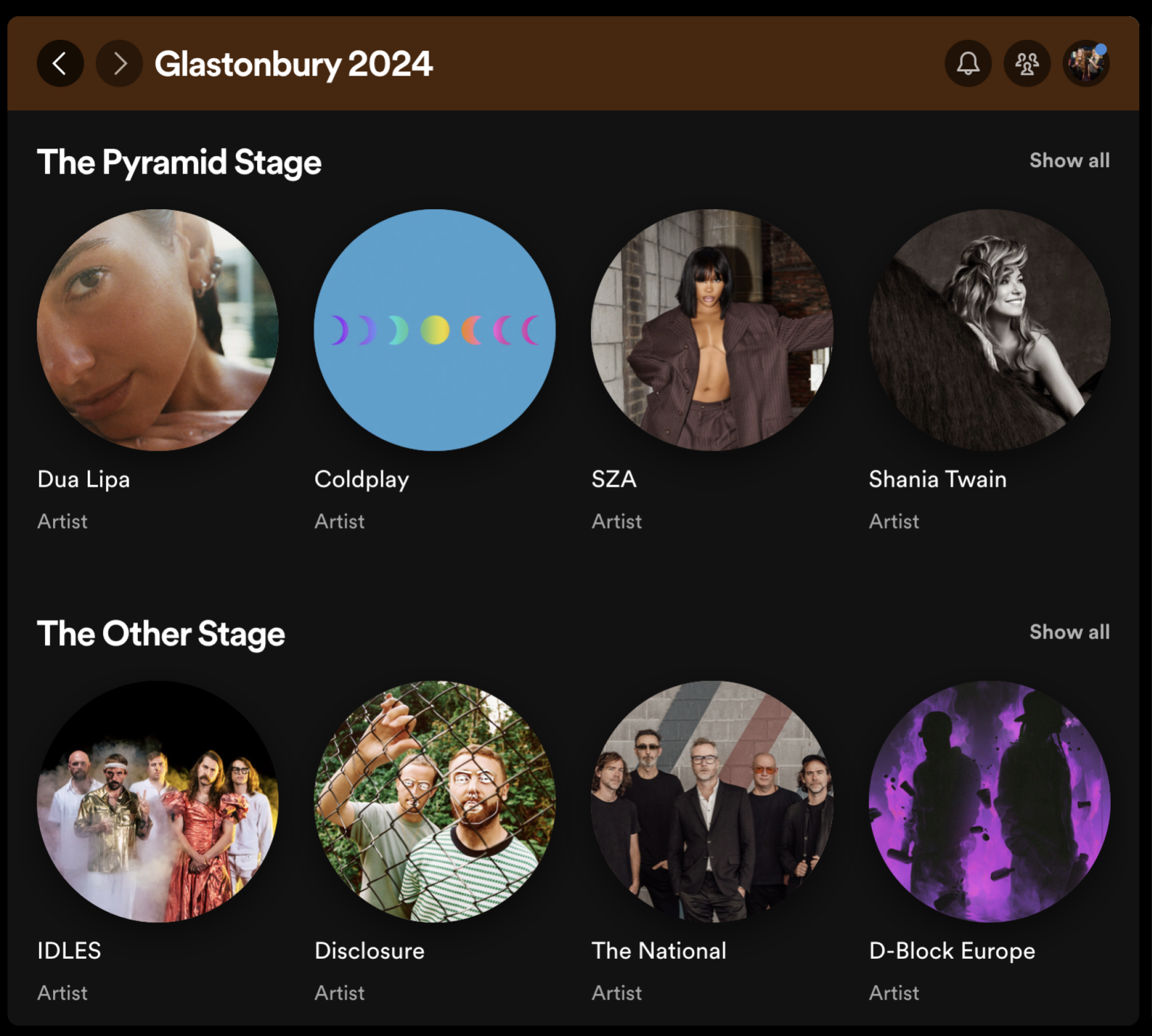 A screenshot of Spotify's Glastonbury 2024 hub. 