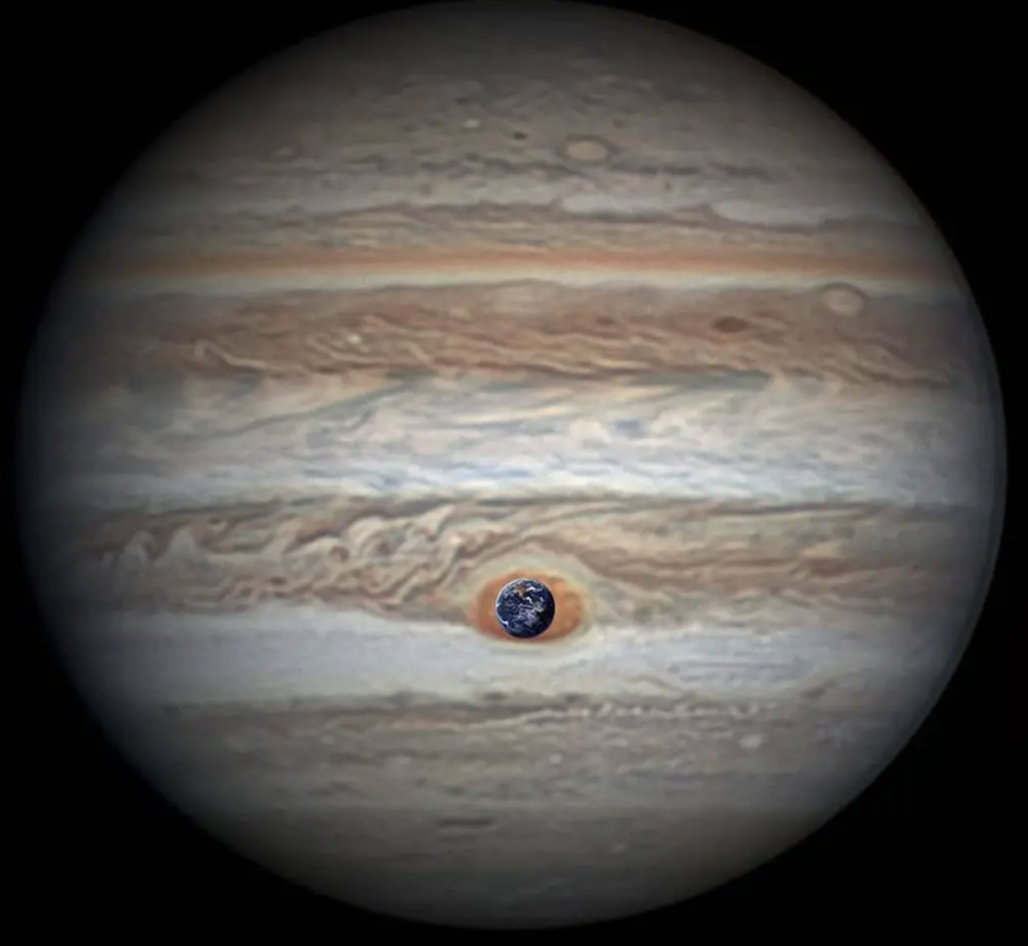 The Great Red Spot, as seen in April 2017, with Earth overlaid. 