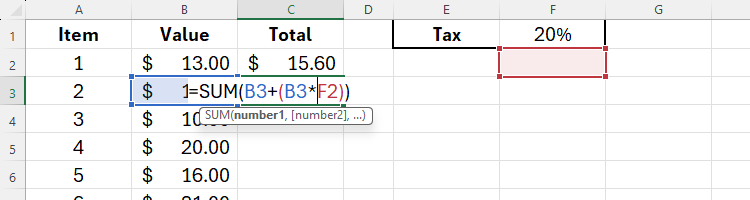 An incorrect cell reference in Excel.