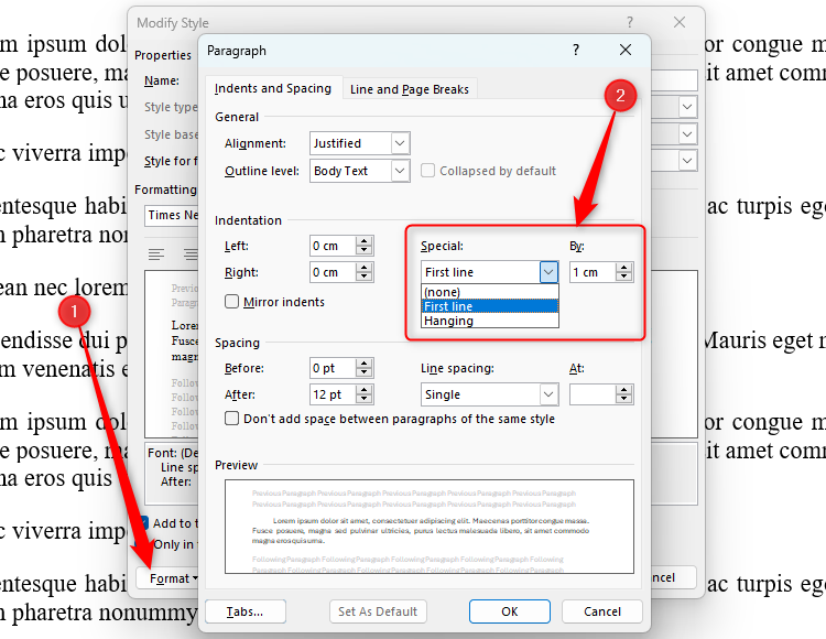 The Paragraph dialog box in Microsoft word with the first line indent set to 1 cm.