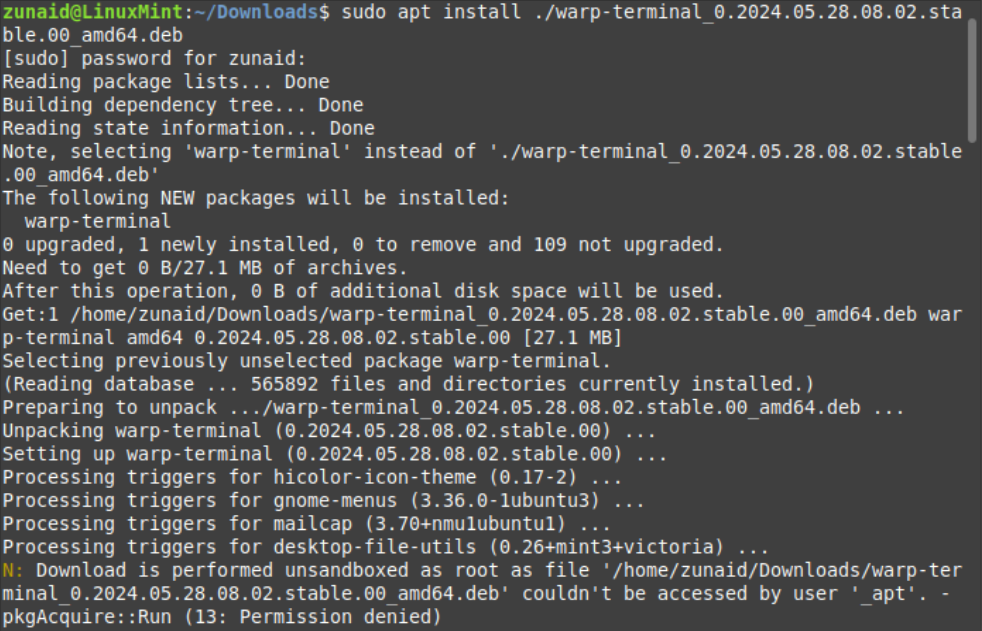 The Linux terminal showing the process of installing Warp Terminal