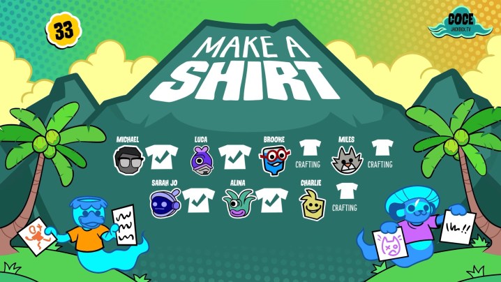 A screen from Jackbox Games' Tee K.O. 2 that shows a mountain with the words "Make a shirt" at the top.