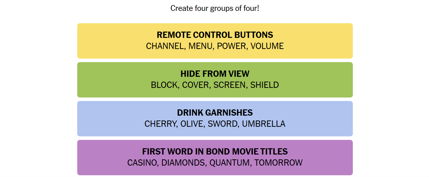 June 18th Connections words sorted into groups. 