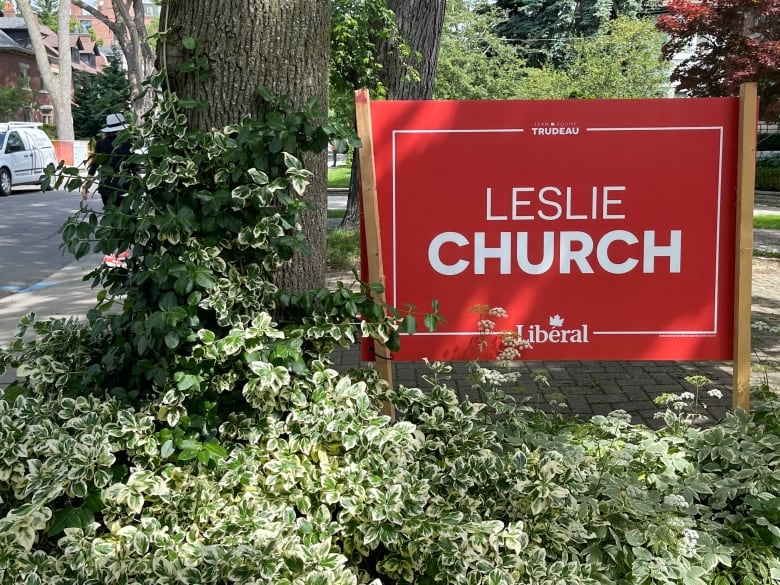 A campaign sign for Liberal candidate Leslie Church in the riding of Toronto-St. Paul's is pictured. Prime Minister Justin Trudeau's name is included in small font.