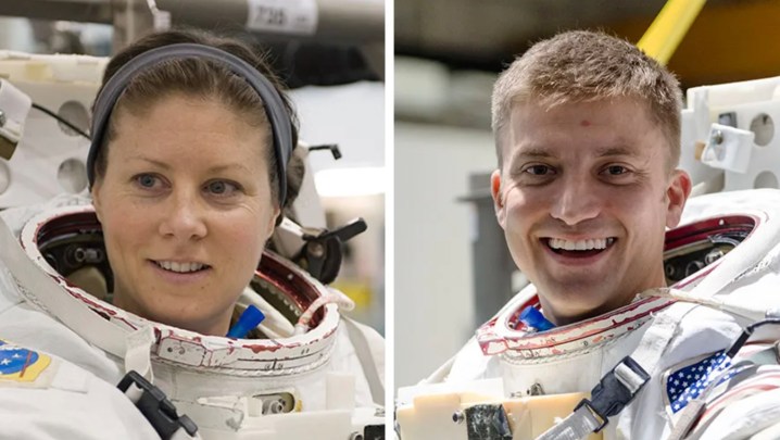 NASA astronauts Tracy C. Dyson and Matthew Dominick during spacewalk training in Houston, Texas.