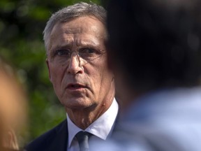 NATO Secretary-General Jens Stoltenberg speaks to reporters outside the West Wing of the White House in Washington, after meeting with President Joe Biden, Monday, June 17, 2024.