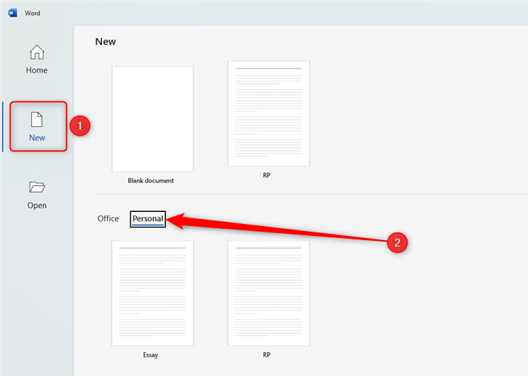 The Word landing screen with New and Personal highlighted as the options to select to access saved templates.