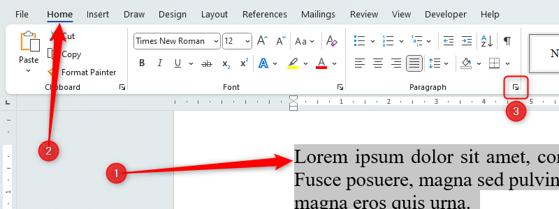 A Microsoft Word document with a paragraph selected, the Home tab opened, and the paragraph dialog button highlighted.