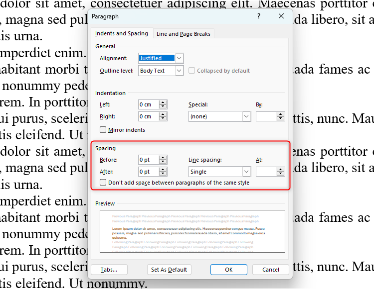 Word's Paragraph dialog box with the Spacing section highlighted. The Before and After options are set to 0.