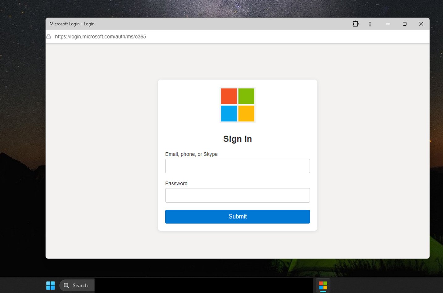 PWA showing a fake Microsoft login form