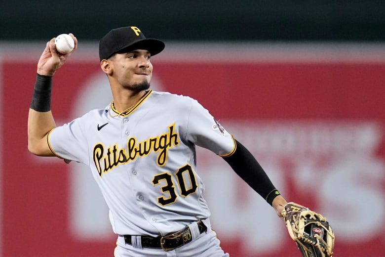 Baseball player throws a ball during warm-ups