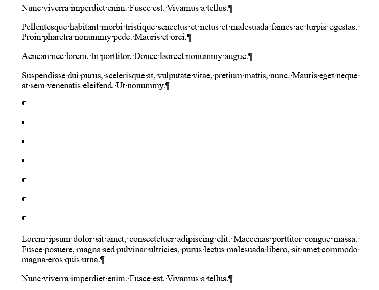 A Word document with seven paragraph markers between two paragraphs.