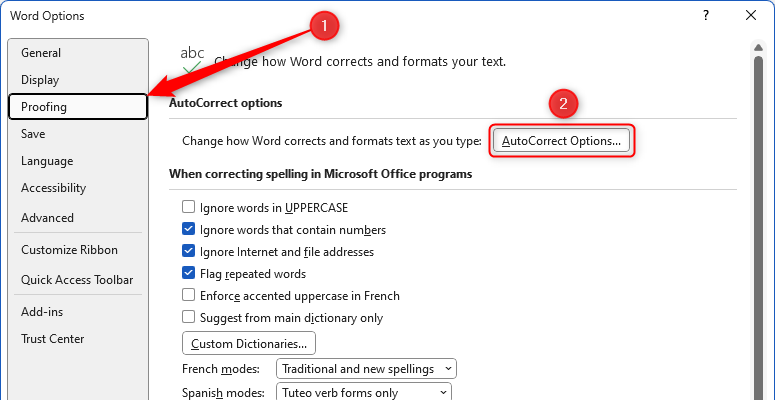 The Word Options window in Microsoft Word, with Proofing and AutoCorrect Options highlighted.