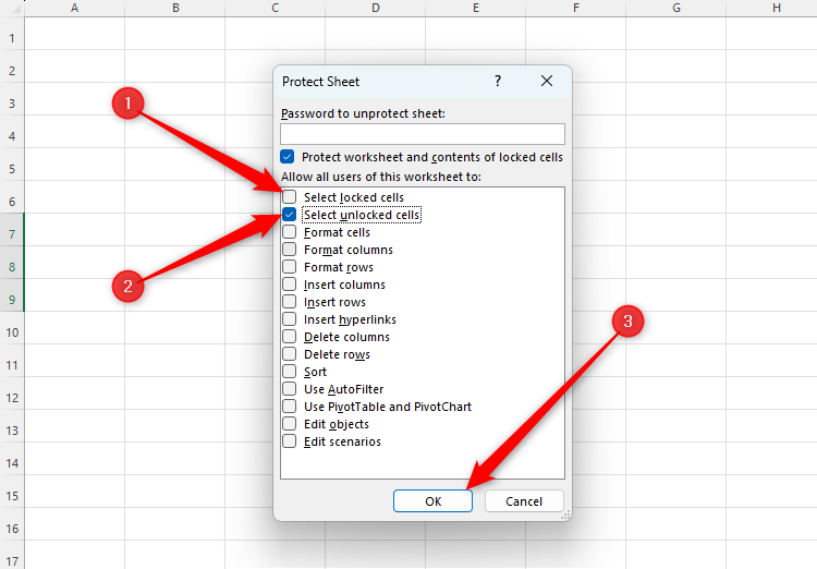 Excel's Protect Sheet dialog box with Select Locked Cells unchecked, Select Unlocked Cells checked, and the OK button highlighted.